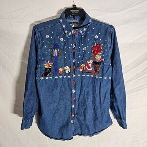 Vintage 90s denim grandma core christmas embroidered long sleeve blouse